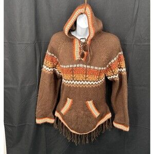 Peruvian  Native American Alpaca Wool  Blend Fringe Sweater Hoodie M Women’s